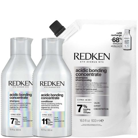 Redken - Acidic Bonding Concentrate Shampoo 300 ml + Refill 500 ml + Conditioner 300 ml -. Kit