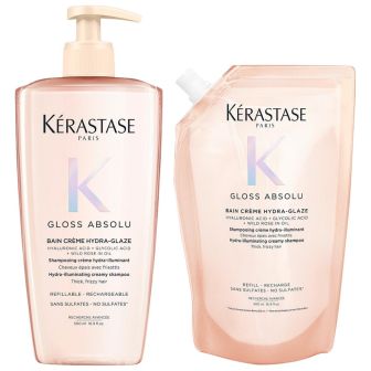 Kérastase Gloss Absolu Bain Riche Crème Hydra Glaze Shampoo 500 ml + Refill Shampoo 500 ml Kit for Thick and Frizzy Hair