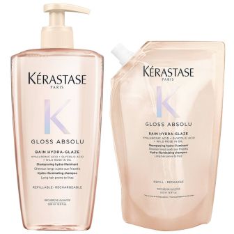 Kérastase Gloss Absolu Bain Hydra Glaze Shampoo 500 ml + Refill Shampoo 500 ml Kit for Long and Frizzy Hair