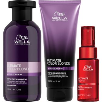 Wella Professionals Ultimate Blonde & Ultimate Repair Voordeelset pakshot van paarse fles, paarse tube en kleine rode pompfles