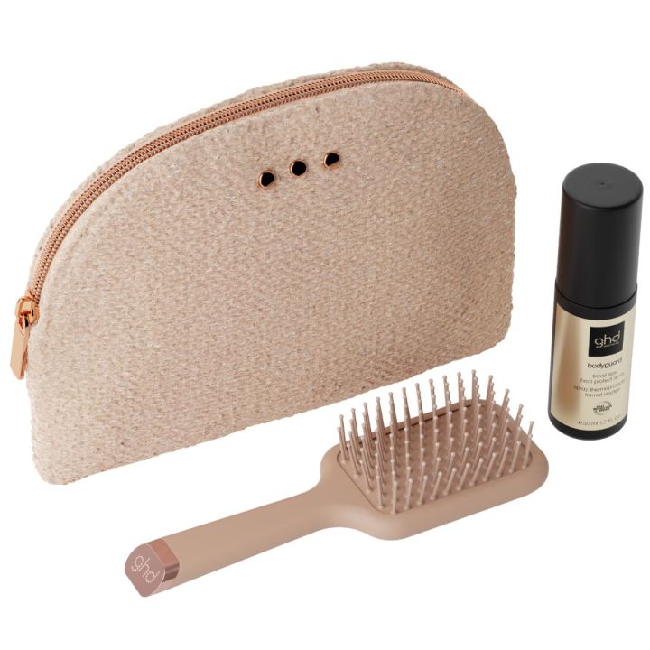 ghd Styling Set Cashmere met beige toilettas, haarborstel en flacon thermoprotectiespray