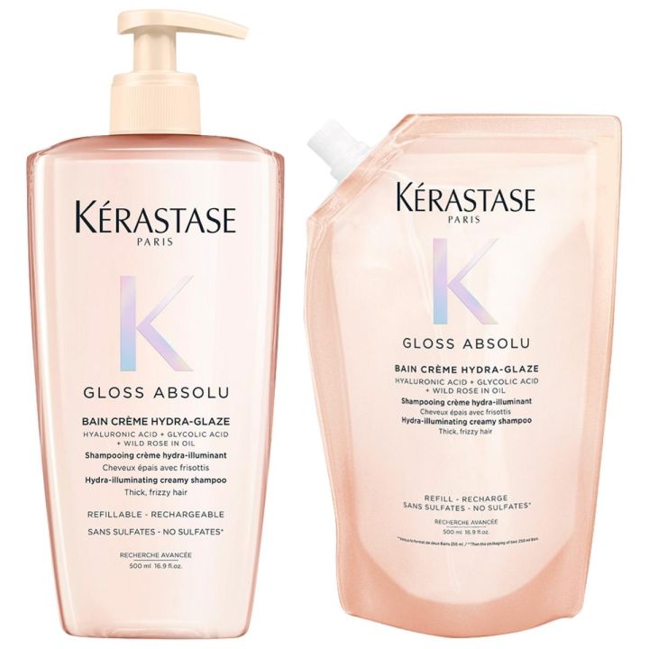Kérastase Gloss Absolu Bain Riche Crème Hydra Glaze Shampoo 500 ml + Refill Shampoo 500 ml Kit for Thick and Frizzy Hair
