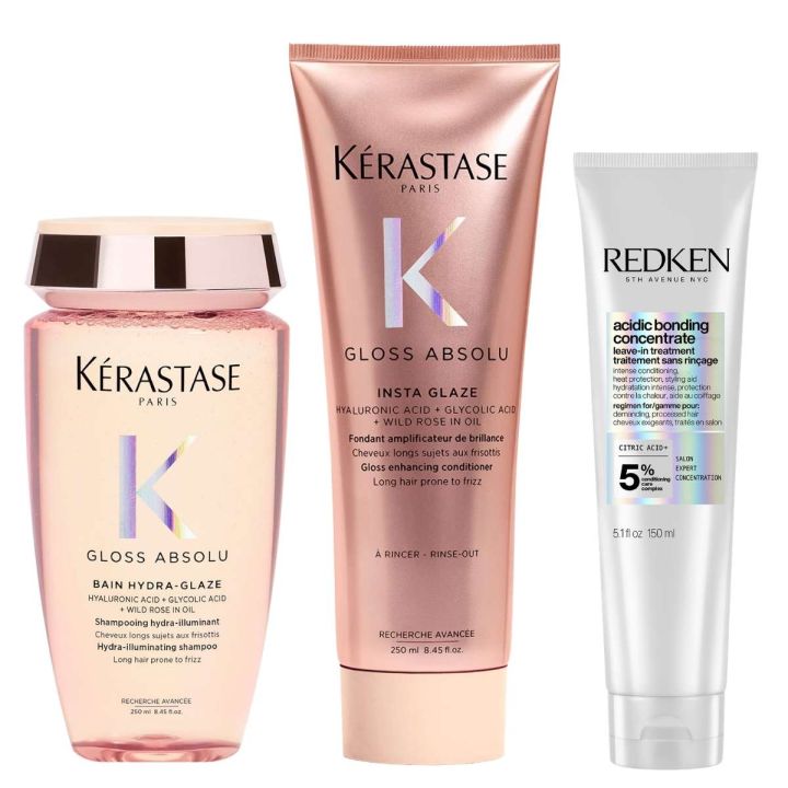 Kérastase Gloss Absolu Hydra Glaze Shampoo + Conditioner + Redken Acidic Bonding Concentrate Leave In Kit for Shiny and Stronger Hair