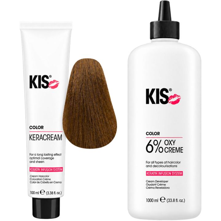KIS KeraCream Color 7 N Middelblond & Color Oxycrème Vol 20 (6%) 1000 ml Voordeelset
