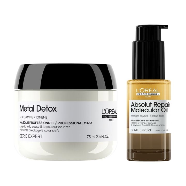 L'Oréal Professionnel Absolut Repair Molecular Bi-Phase Haarolie + Metal Detox Masker Voordeelset Beschadigd en Breekbaar Haar