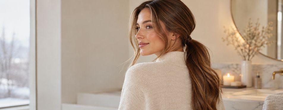 Vrouw met een glanzende lage paardenstaart en beige blazer in een moderne badkamer