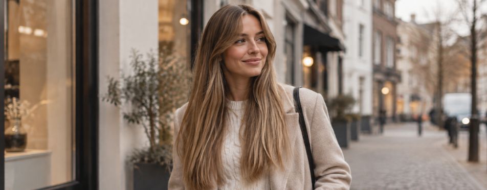 Glimlachende vrouw met lang blond haar in een beige jasje op een straat in de stad