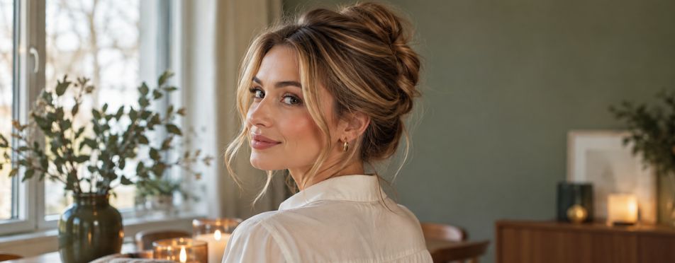 Vrouw met opgestoken haar in een Franse knot (French bun) en een witte blouse