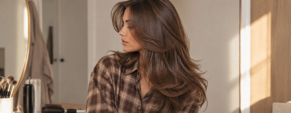 Vrouw met een volumineuze 90s blowout, glanzend bruin haar en een bruine geruite blouse in een lichte slaapkamer