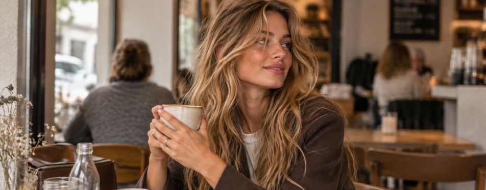 Vrouw met nonchalante, losse golven en een messy undone hairstyle, zittend met een kop koffie in een gezellige lunchroom