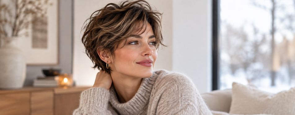 Vrouw met een korte bixie/pixie shag coupe, veel textuur en speelse laagjes in een lichte winterse woonkamer
