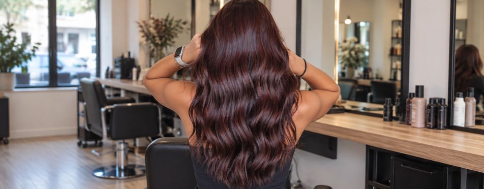 Vrouw met lang, glanzend Cherry Mocha haar in een diepe kersenbruine tint met zachte golven, van achteren gefotografeerd in een kapsalon